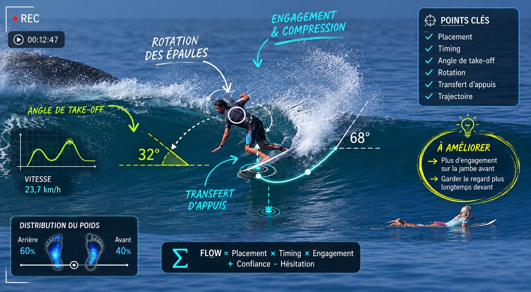 Exemple d'analyse vidéo PINTXOS : décomposition technique d'un take-off avec angles, transfert d'appuis et indicateurs de performance